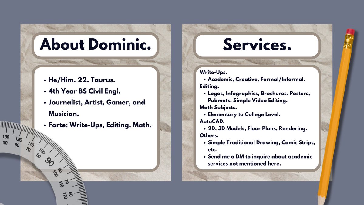 acadsbydom's tweet photo. hey, this is dominic — an academic commissioner offering quality works at student-friendly prices. to know more about me, check out my commission sheets below. anything else on your mind? my dms are always open for inquiries. https://t.co/slfREcpsTn