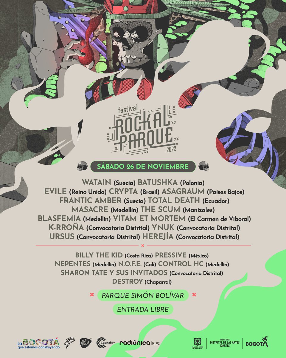 henryrage's tweet photo. Primer dia de @rockalparquefes sábado 26 de noviembre @batushkaband @LaCryptaOficial #Watain @VITAMETMORTEM @herejiaband @Ynuk_ @masacremetalofi @barrio_nepentes metal y hardcore en este primer día, para ir en parche al Parque Simón Bolívar @Radiorageofi https://t.co/3l6CDHnIUi