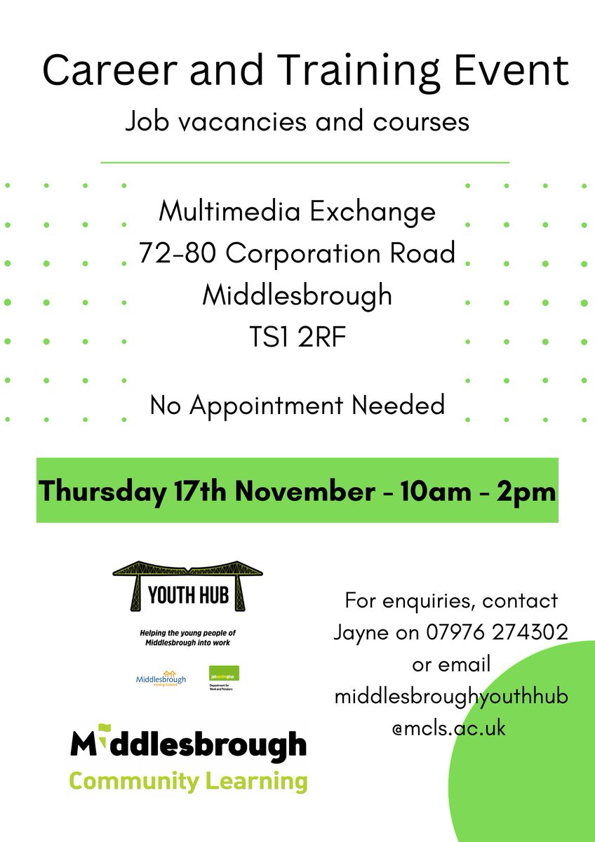 ChoosingPathway's tweet image. 🚨Middlesbrough Youth Hub - Careers and Training Event🚨 

📅Thurs 17th Nov 
🕙10am - 2pm
📍Multi Media Exchange (TS1 2RF)

No appointment required, just pop along to explore local job and training opportunities.  

We'll be there too, so make sure to pop by and say hello👋