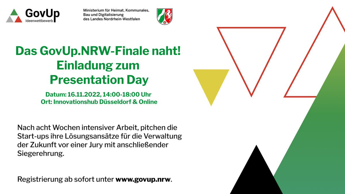 Ihr wollt die 9 finalen #startup Pitches &amp; die anschließende Siegerehrung des #GovUpNRW Ideenwettbewerbs für die #Verwaltung der Zukunft verfolgen? Dann meldet Euch hier für den hybriden Presentation Day im Innovationshub Düsseldorf an! Mehr Infos unter govup.nrw.