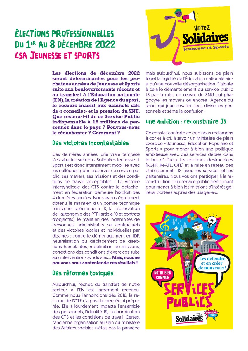 SolidairesJS's tweet image. [Elections professionnelles, 1er au 8 décembre]

⚡️POUR REPRENDRE LA MAIN VOTONS MASSIVEMENT SOLIDAIRES JS ⚡️

▶️Infos (programme, dates de rencontres, tuto vote en ligne, ...) sur notre site : solidaires-jeunesse-sports.org/elections-prof…

#JS2022 #SolidairesJS #1ministerepourJS