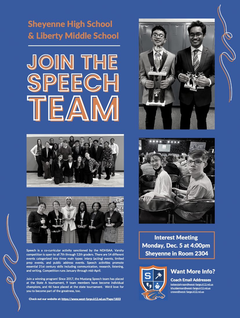 Can you believe we are going to begin the 2023 season in just one month? Join us December 5 at 4:00pm <a href="/wfsheyenne/">Sheyenne High School</a> room 2304. All 7-12 grade students are invited! <a href="/sheyennedebate/">Sheyenne Debate</a> and speech work together for kids that do both!