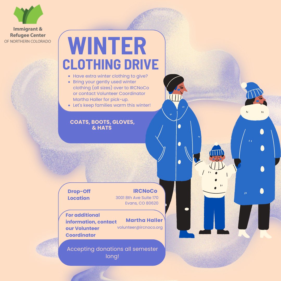 IRCNoCo's tweet photo. IRCNoCo is planning to host our winter clothing drive this season! If you have any gently-used boots, coats, hats, or gloves to give, we are accepting donations all semester long. Let's keep families warm this winter! ❄️ https://t.co/ZN1E5fPioz