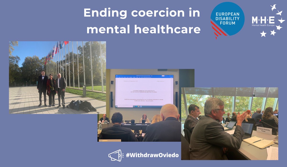 Yesterday, MHE &amp; EDF delegation discussed the draft recommendations on voluntary practices in #MentalHealth care services at the <a href="/coe/">Council of Europe</a>’s Committee on Bioethics. 

📢Coercion in mental healthcare must end! 

Read the speech by MHE's VP⤵️
🔗bit.ly/3zFBko4

#WithdrawOviedo