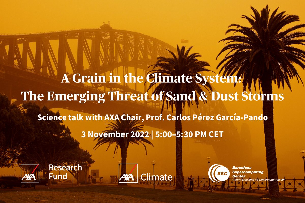AXAResearchFund's tweet photo. 🔴We're going live soon.
Don't miss the discussion on sand &amp; #duststorms with @AXA Chair, Prof. @cp_garcia_pando of @BSC_CNS &amp; @Chris_Castet of AXA #Climate! 
Tune in here ▶️https://t.co/ztUiWl3Vpx https://t.co/dfuw1LOif2