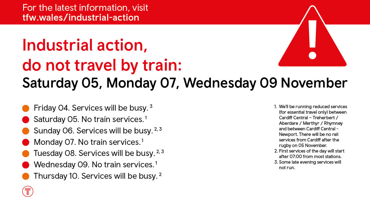 ⚠️ Travel Advice Saturday 5, Monday 7, Wednesday 9 November - Industrial action ⚠️

The majority of rail services across the Wales and Borders network will be suspended on 5, 7 and 9 November.

ℹ️ tfw.wales/industrial-act…