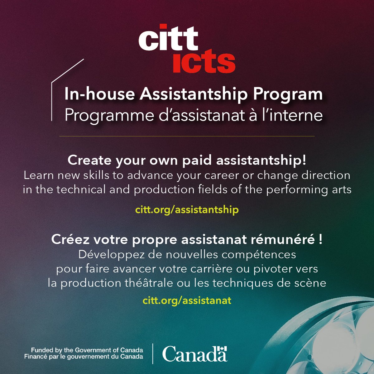 .@CITT/ICTS's In-house Assistantship Program for independent or self-employed performing arts workers from across Canada has launched! <a href="/CdnHeritage/">Canadian Heritage</a> #CPAWRF

Learn more → bit.ly/CITTICTS_IHAP