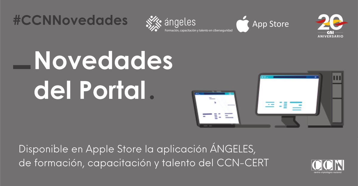 CCNCERT's tweet photo. #CCNNovedades Disponible en Apple Store la versión para iOS de la aplicación ÁNGELES, de formación, capacitación y talento del CCN-CERT
Descárgala aquí: https://t.co/rYFb5HpVQa https://t.co/MHqRfp7I6v