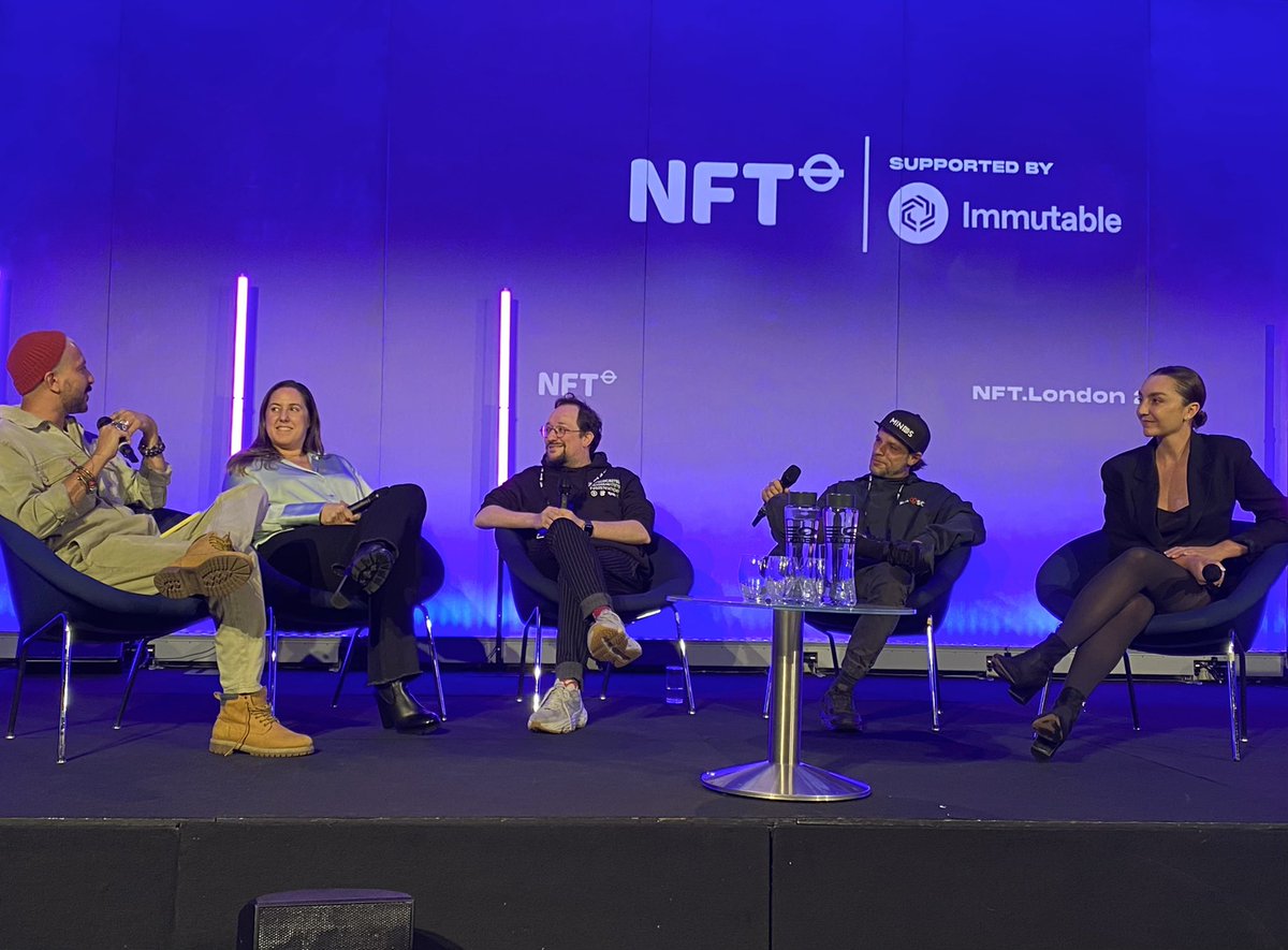 MikeMongo's tweet photo. Leading with community (as @shilllin is famous for proposing) at #NFTLondon2022. Discussing the possibilities onstage are @Thenizzar @JuCossa @Dario_Desiena @anikojay. https://t.co/xcfZJ4qWgK