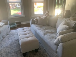 Sofa slip cover and ottoman reupholstered for satisfied customer 
chiarielloupholstering.weekly.com