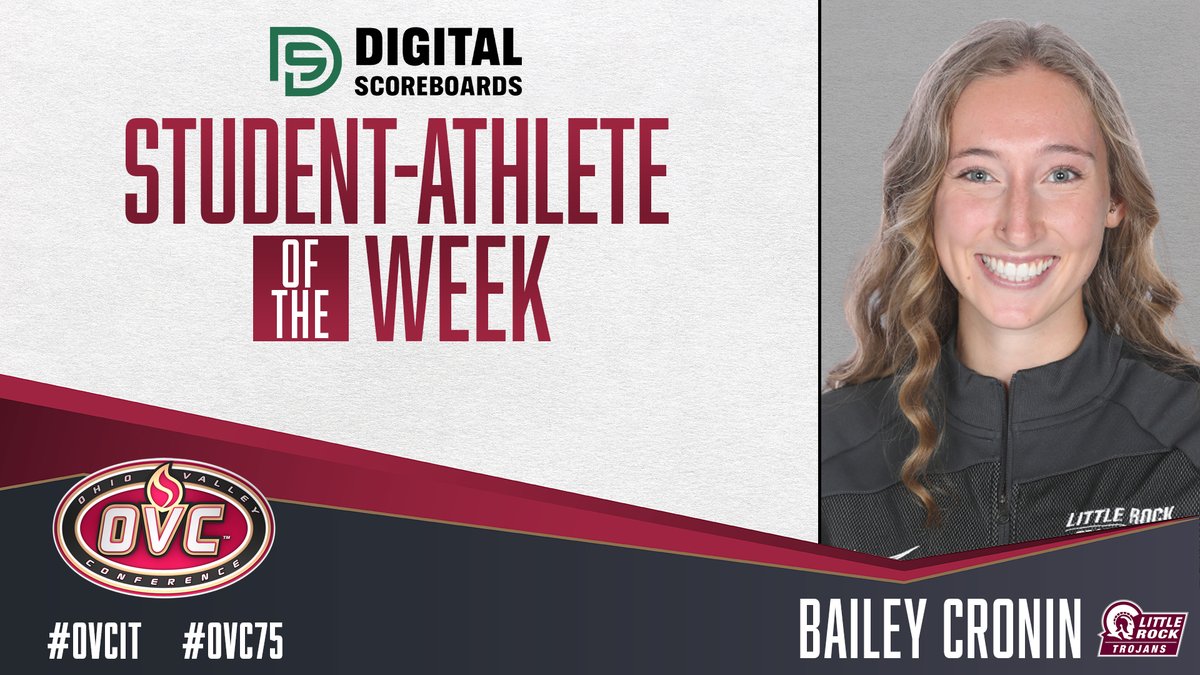 OVCSports's tweet photo. Our @DScoreboards OVC Student-Athlete of the Week is @LittleRockTFXC Bailey Cronin (@bcronin_02).

Last year she was named to the Commissioner's List for her work in the classroom.

https://t.co/vsgGKPgmeA | #OVCit | #OVC75 | #LittleRocksTeam https://t.co/BEqotpOgLF