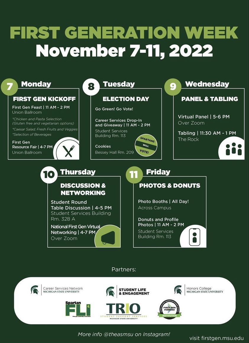 nsscmsu's tweet photo. Next week kicks off First-Gen week with a celebration of photos, networking and resources! 

For more information visit https://t.co/uEhxnJcuOx 💚

#celebratefirstgen

@msutrio 
@theasmsu 
@msu_bsa https://t.co/otFyCZxn0s
