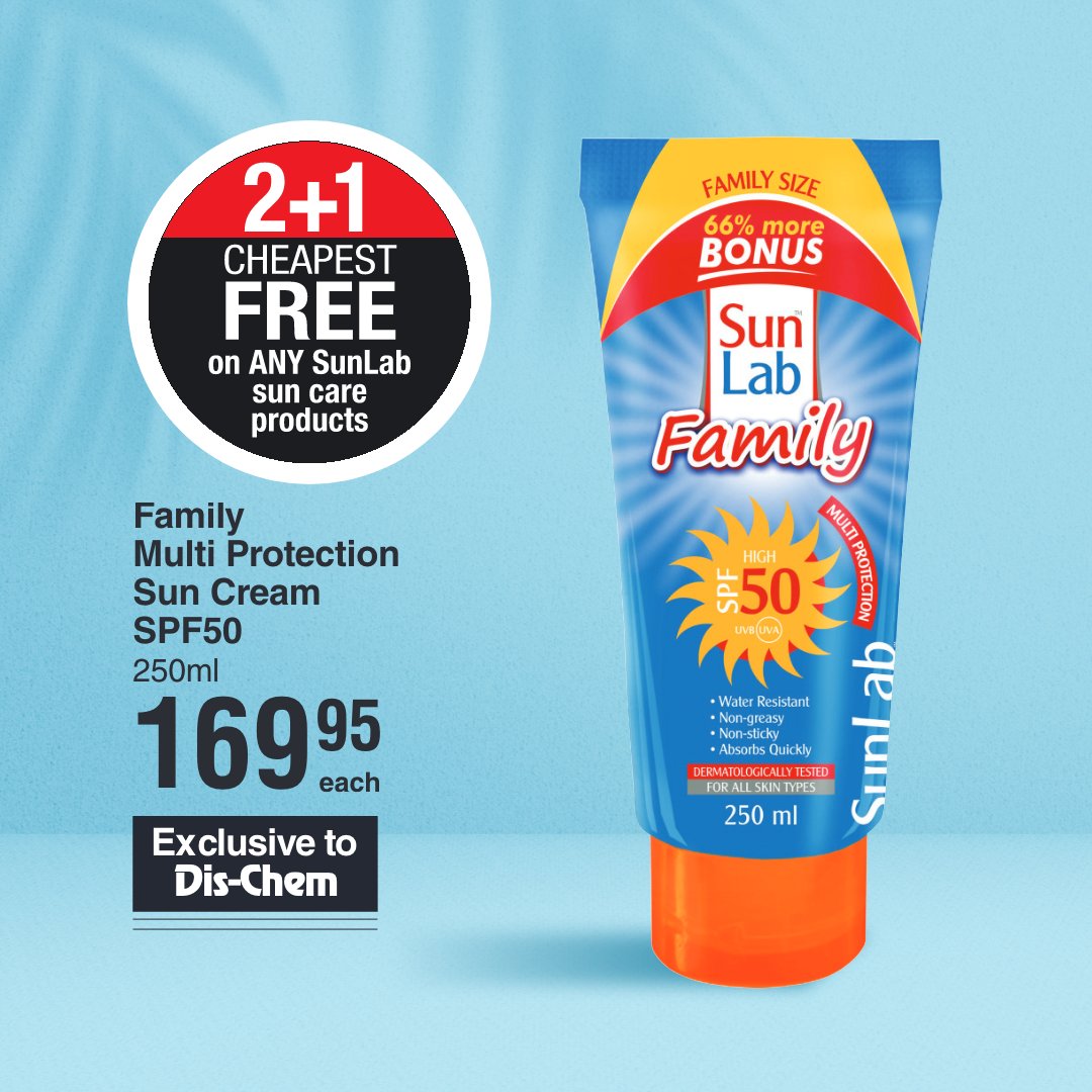 Dischem's tweet photo. Protect your and your family’s skin against the risk of long-term skin damage and premature ageing with Sun Lab’s wide range of products, available at Dis-Chem ☀️ https://t.co/BjqBc6L7T8 #DisChem #SunLab #Sunscreen #SunProtection https://t.co/rS38eCPXz8