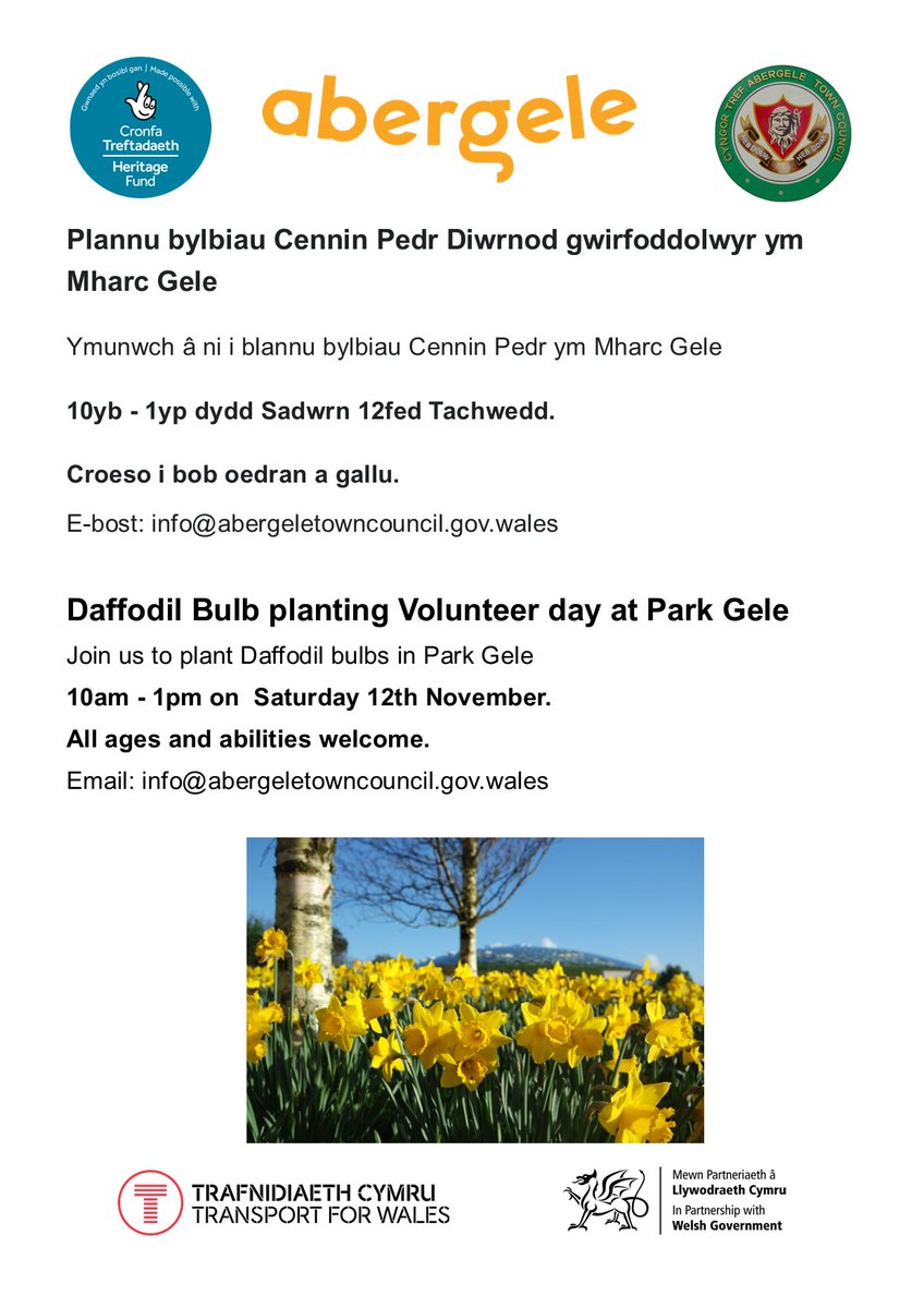 abergelecouncil's tweet photo. ***Weekend Event***
Volunteer Daffodil planting in Park Gele 10am - 1pm Saturday 12h Nov, all ages and abilities welcome. @transport_wales #whatsonabergele #abergele https://t.co/lkHwdcfzwd