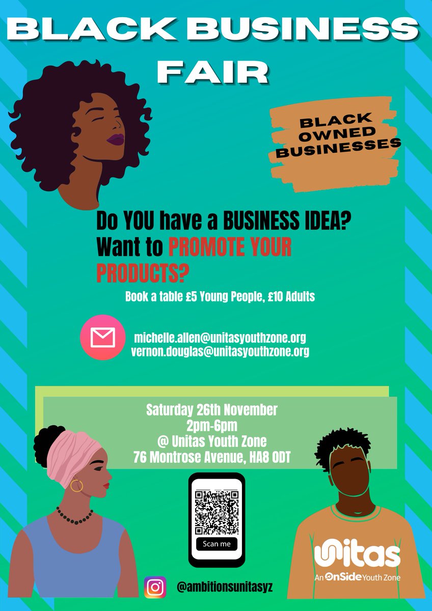 BarnetHomes's tweet photo. Unitas Youth Zone's are hosting their FIRST Black Business Fair on Saturday 26th November. It will be a chance for Black owned businesses owned by young people or adults to come together network and a platform to promote their products/ services and generate sales and interest. https://t.co/y2vJbpklaF