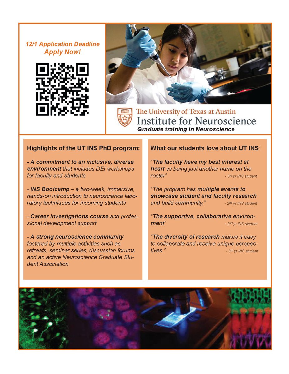 SantacruzLab's tweet image. Calling all Neuroscience PhD program applicants - if you are interested in anything from molecular neuroscience and genetics to brain-machine interfaces, apply to the UT Austin PhD Program! We offer competitive stipends and a unique diverse training environment. Deadline is 12/1.