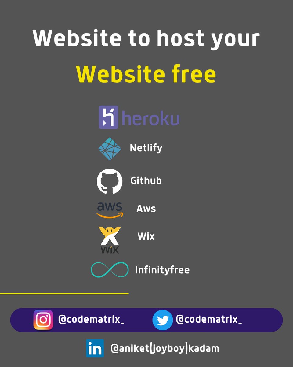 CODE_MATRIXX's tweet image. Free hosting website😁👌

#website #freewebsite #hostwebsite #heroku #netlify #github #aws #wix #infinityfree