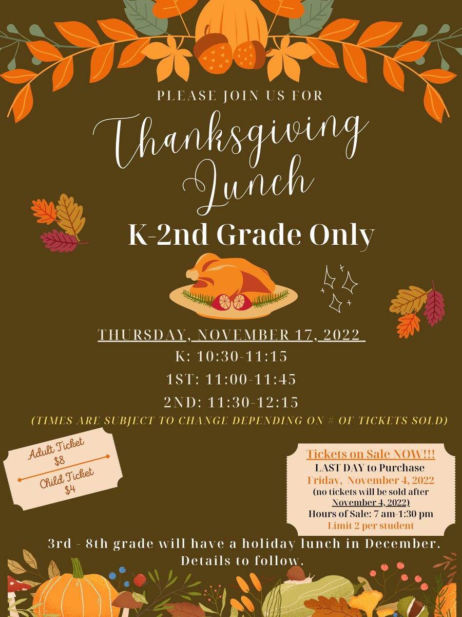 ARCESYISD's tweet image. Just a friendly reminder tomorrow Friday  November 4, is the last day to purchase Thanksgiving dinner tickets.  (cash only).
Sólo un recordatorio amistoso mañana viernes 4 de noviembre, es el último día para comprar los boletos de la cena de Acción de Gracias.  (sólo en efectivo)