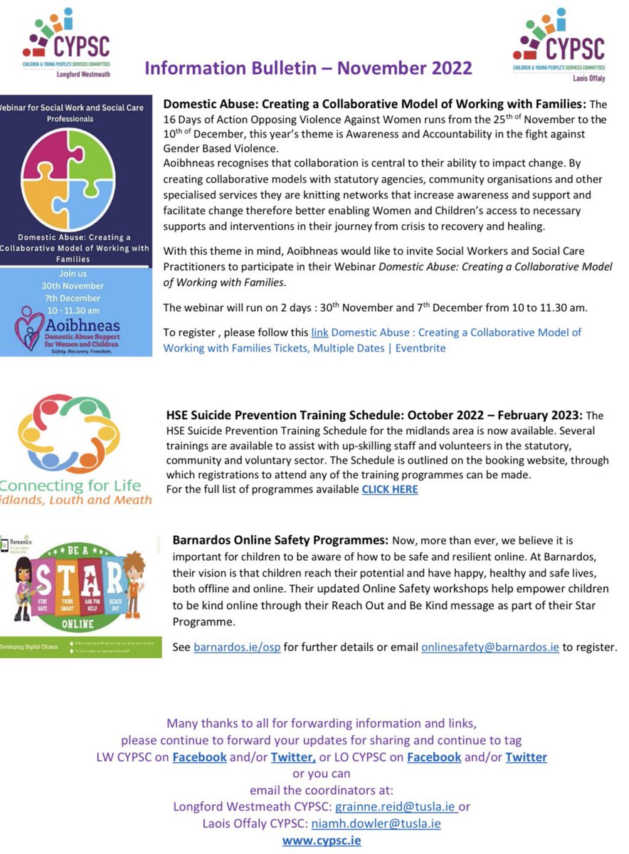 Check out the latest Midlands CYPSC Update with local & national resources  & events including Parenting webinars with Tara Kelly, @MalieCoyne &  @JohnSharryIRL , @CYPSC_LOY webinar with @KimSGolding , #SeeTheirNeed with @ICBNIrl & lots more 

#CYPSC 

cypsc.ie/_fileupload/Do…