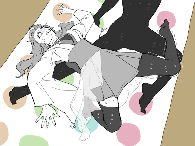 恒例!サンミ()とnドロイプ対戦<第十回戦>24時間以内に2RTされたら、ツイスターで足がつりそうになっている2022/11/03/21:21の涼村みくを描きましょう。 