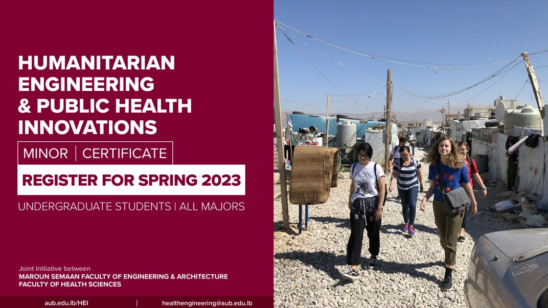 MSFEA_AUB's tweet photo. Tackle issues from two complementary perspectives: public health & engineering.
Register for the minor/certificate as of November 15!
🔗 https://t.co/pRBFYV5fbX
@AUB_Lebanon @FHS_AUB @HEI_AUB
#AUB #MSFEA #FHS #humanitarianengineer https://t.co/T7vkq0Lqkr