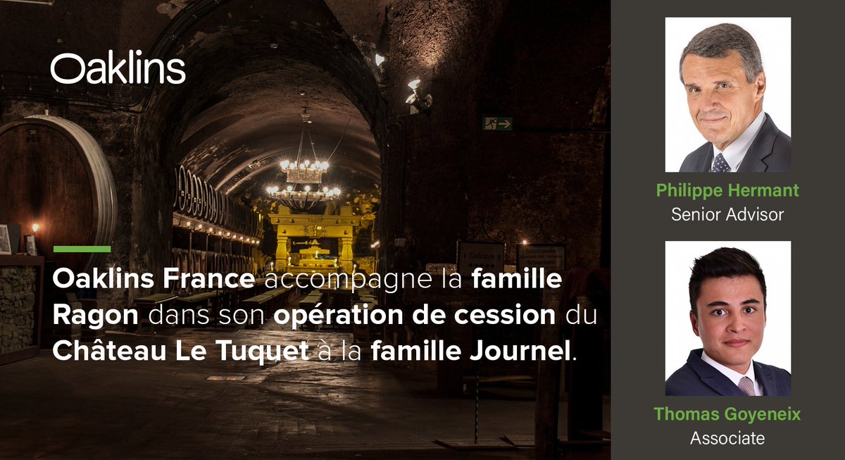 Les équipes d’<a href="/OaklinsFrance/">Oaklins France</a> sont ravies d’avoir accompagné la famille Ragon dans son opération de cession du Château Le Tuquet à la famille Journel.

👉bit.ly/Tuquet-Oak