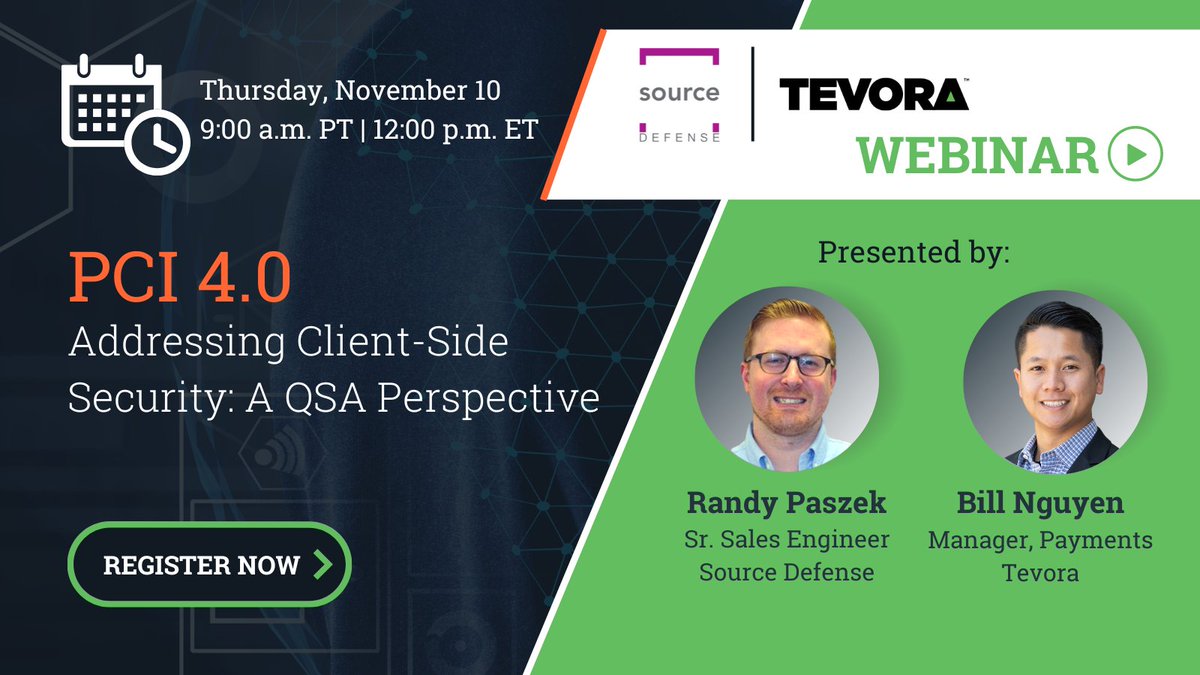 tevora's tweet image. Join #securityexperts Randy Paszek from #SourceDefense &amp;amp; Tevora’s Bill Nguyen, Payments Manager, as they dive into #PCI 4.0 &amp;amp; address the client-side perspective giving insight on immediate solutions for malicious activity &amp;amp; data leakage. 
Register here: tevora.us/3NEpwZ5