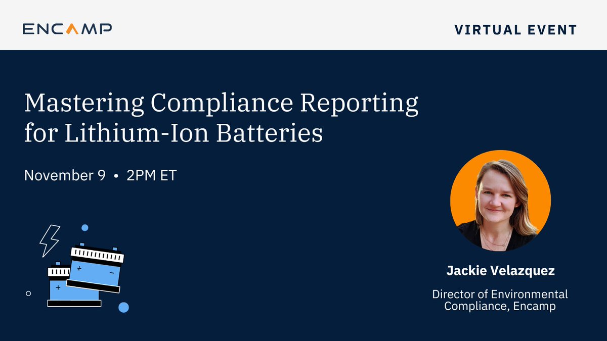 Jackie, Encamp’s Director of Environmental Compliance, will share her knowledge from years of experience in the environmental industry at our virtual event. Join for free and learn how to safely manage compliance for lithium-ion batteries. 🔋

go.encamp.com/3S3rrqD