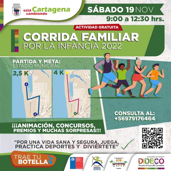 SENDA_Cartagena's tweet photo. ✨Corrida Familiar por la Infancia 2022✨Queremos invitar a toda la comunidad a participar de esta nueva actividad. La cita es para el sábado 19 de noviembre a las 09:00hrs en el Estadio Municipal de Cartagena.
Tendremos dos rutas para recorrer, diversos concursos y premios. https://t.co/Ro0M1ZStjI
