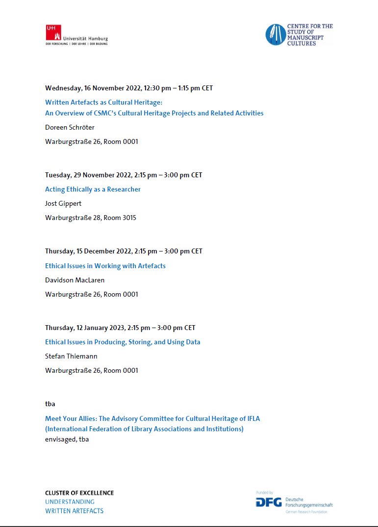 Doing research on #cultural #heritage objects often provokes ethical dilemmas. In a short lecture series, members of our #ethics working group reflect on the manifold moral responsibilities of researchers:

csmc.uni-hamburg.de/register-semin…

All lectures in hybrid format, all welcome!