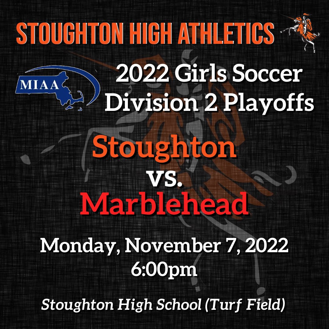 StoughtonPS's tweet photo. For the first time since 2008, the Stoughton High girls soccer team has qualified for the playoffs! The SHS girls soccer team will host Marblehead in a MIAA Division 2 state tournament game on Monday, November 7 at 6pm (on the turf field). 

#BlackKnightPride 

@BlackKnights_AD https://t.co/nyQ7XQn8BS