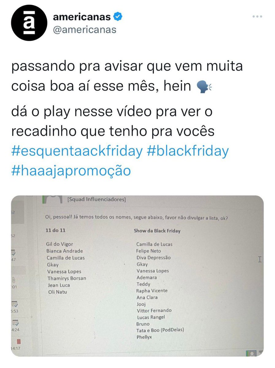 choquei's tweet photo. 🚨AGORA: @americanas deixa vazar no twitter os nomes dos influenciadores que vão estar nas duas superlives de novembro. https://t.co/SwFUiYzWZQ