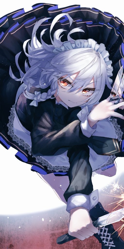 izayoi sakuya 1girl solo knife maid headdress braid long sleeves holding  illustration images