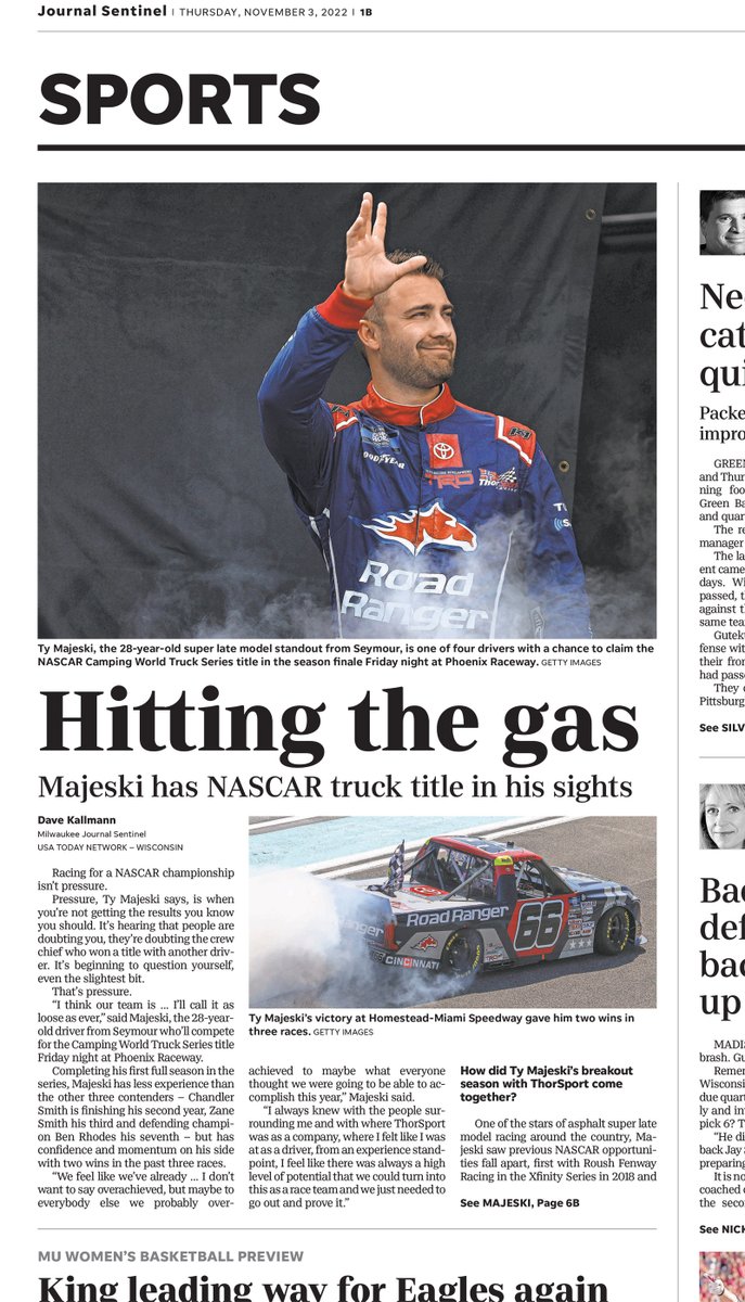Didn't get your <a href="/journalsentinel/">Journal Sentinel</a> this morning. Here's the Sports centerpiece on <a href="/TyMajeski/">Ty Majeski</a> and the <a href="/NASCAR_Trucks/">NASCAR CRAFTSMAN Trucks</a> title race you missed. bit.ly/3fts5R7