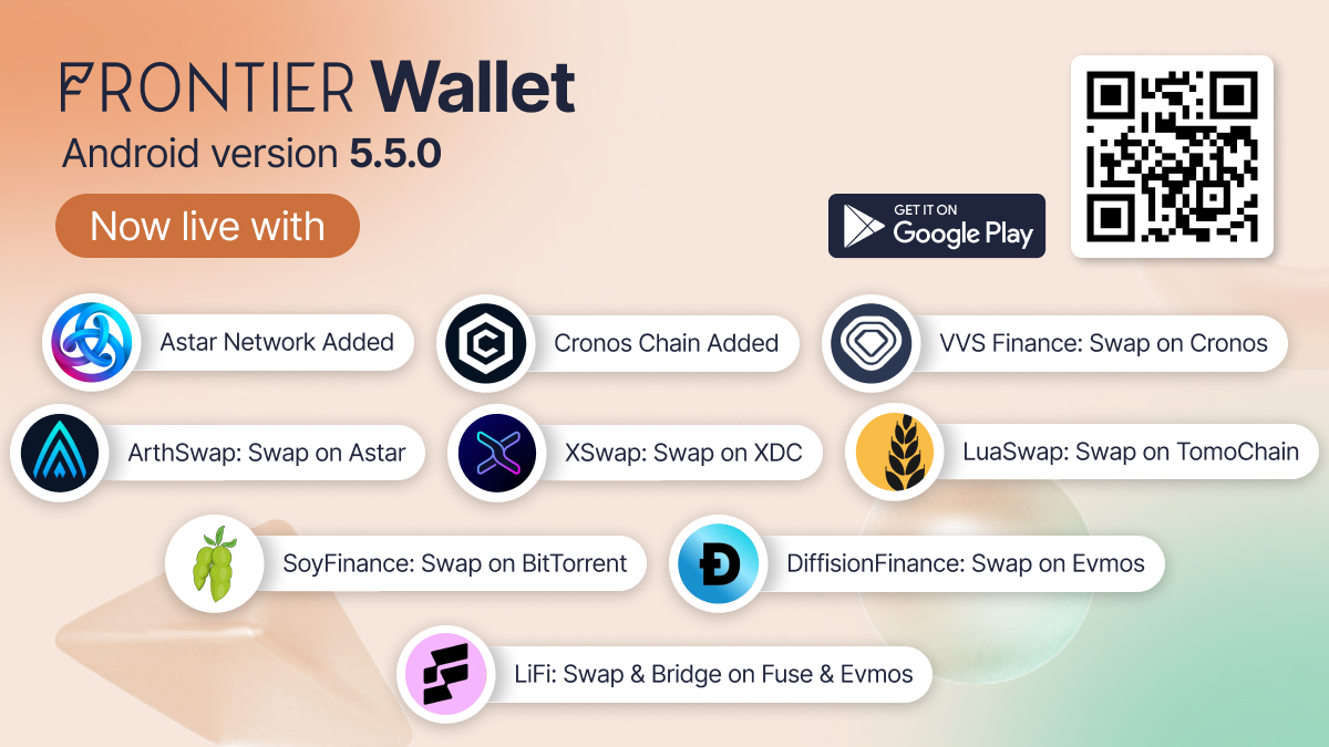 🫲 Frontier Wallet 🛡🤖 Android v5.5.0 is LIVE 🫱

🦾 Live with 🦾
↓Chains↓
🤙<a href="/cronosapp/"></a> Live
🤙<a href="/AstarNetwork/">Astar Network</a> Live

↓In-app Swaps ⚡️ by↓
🤙<a href="/VVS_finance/">VVS-Finance</a>
🤙<a href="/arthswap/">ArthSwap</a>
🤙<a href="/XSwapProtocol/">XSwap Protocol</a>
🤙<a href="/LuaSwap/">LuaSwap | $LUA</a>
🤙@Soy_Finance
🤙@diffusion_fi

📲 solink.to/frontier