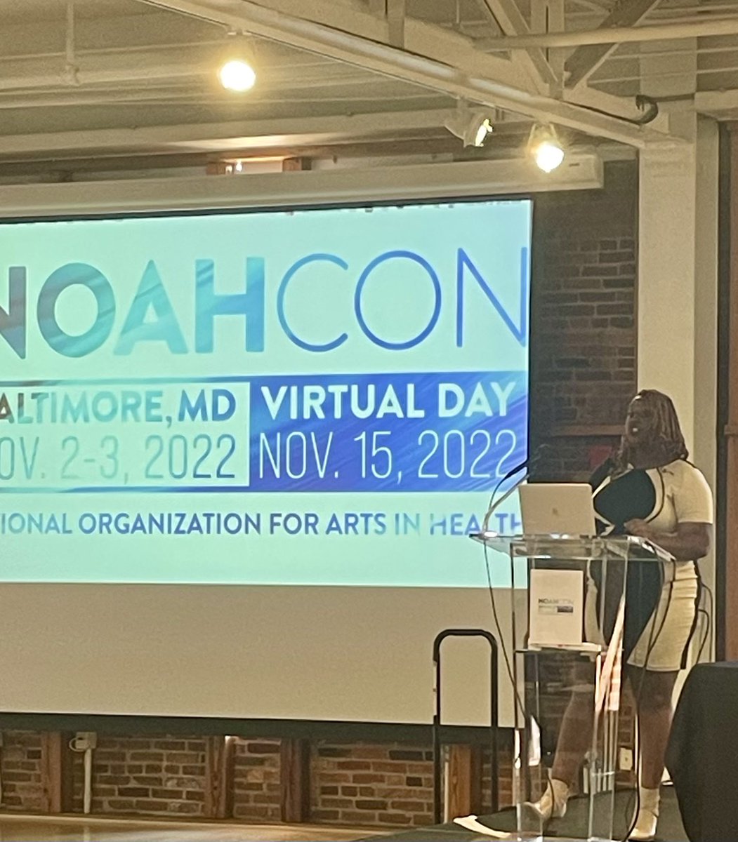 artsandmindlab's tweet photo. Lady Brion absolutely wowed us this morning at NOAHCON with her compelling poems. She then reflected on the power of the arts to help us heal: “Art can fill the gap and treat the wounds; it can be a powerful tool for transformation.” @artsinhealthUS #thenoahcon2022 https://t.co/xjj05MhRjw