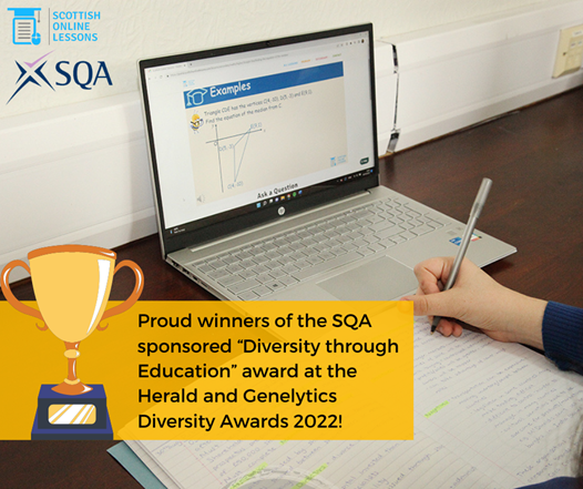 SOL are proud winners of the SQA sponsored “Diversity through Education” award. We are overjoyed that SOL has been recognised for the important role it plays in Scottish education. 
Access FREE lessons for a month by signing up for our 1-day FREE trial: portal.scottishonlinelessons.com/plans/signup/