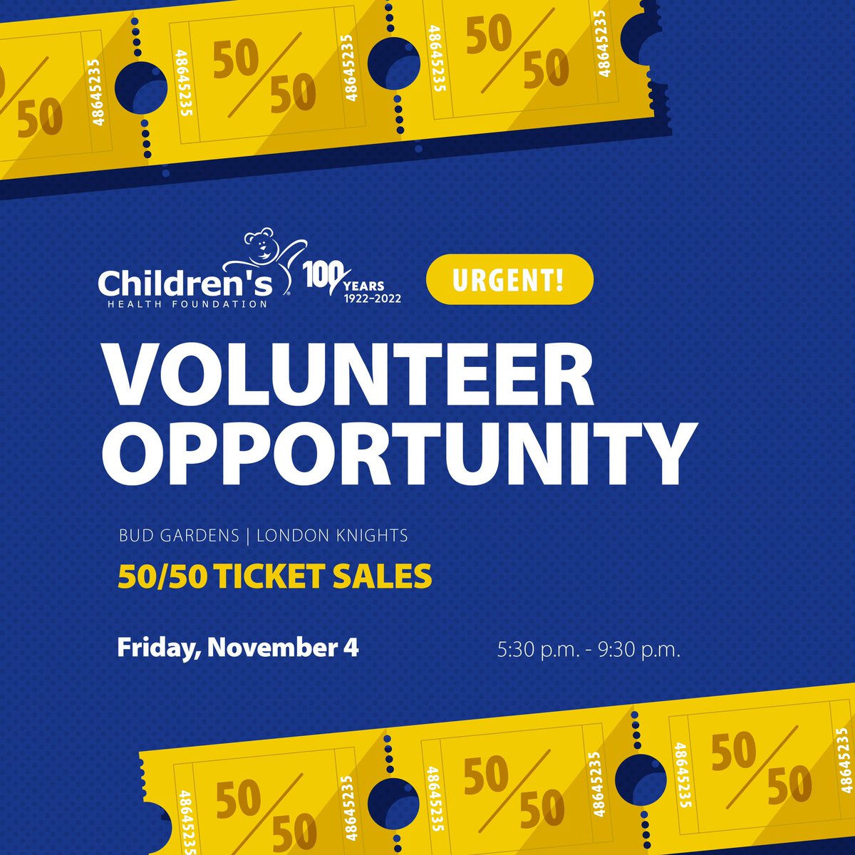 🚨URGENT!🚨

Tomorrow - Friday, November 4 - we are in need of volunteers for 50/50 ticket sales. 

Are you able to help out? Send an email to volunteer@childhealth.ca. 

*Volunteers must be 18+