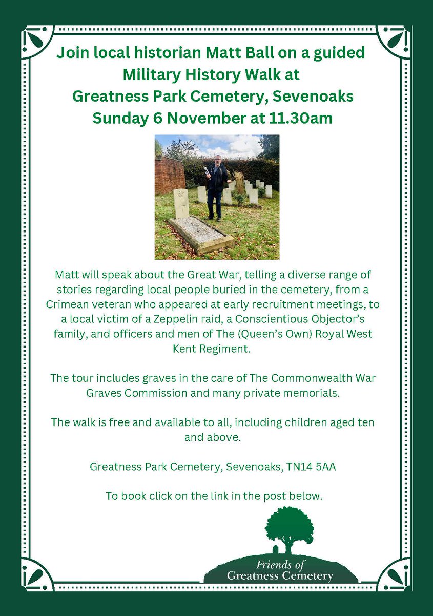 Join local historian Matt Ball at Greatness Cemetery this weekend for a guided military walk. 

Learn about the lives of local people. From Crimean War veterans to the Queen's own Royal Kent Regiment. 

Book your slot (for FREE!)
eventbrite.com/e/433690147907