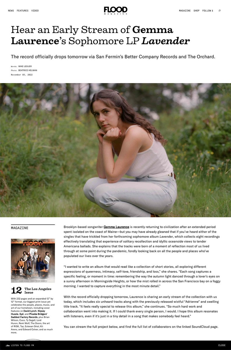 gemma laurence (@gemmaflaurence) on Twitter photo Stream my new album a day early exclusively at <a href="/floodmagazine/">FLOOD Magazine</a>! Lavender out on <a href="/bettercorecords/">Better Company Records</a> at midnight on all streaming platforms. Thank you for the beautiful writeup, FLOOD!
floodmagazine.com/121068/gemma-l⦠Stream my new album a day early exclusively at <a href="/floodmagazine/">FLOOD Magazine</a>! Lavender out on <a href="/bettercorecords/">Better Company Records</a> at midnight on all streaming platforms. Thank you for the beautiful writeup, FLOOD!
floodmagazine.com/121068/gemma-lā¦