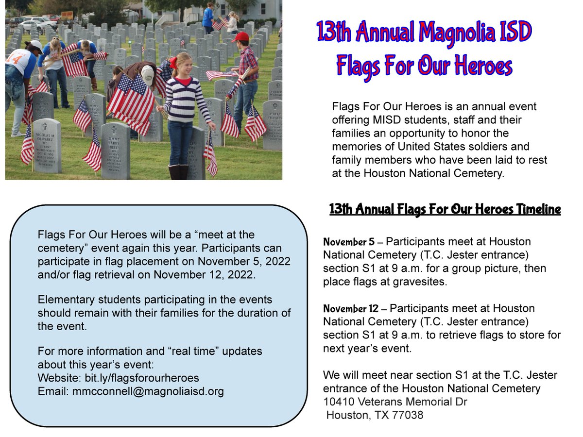 Staff, students, and their families are invited to participate in the 13th Annual Flags for Our Heroes Event to honor the memories of US soldiers this Veterans Day by placing flags at the Houston National Cemetery. Visit bit.ly/flagsforourher… for more information.