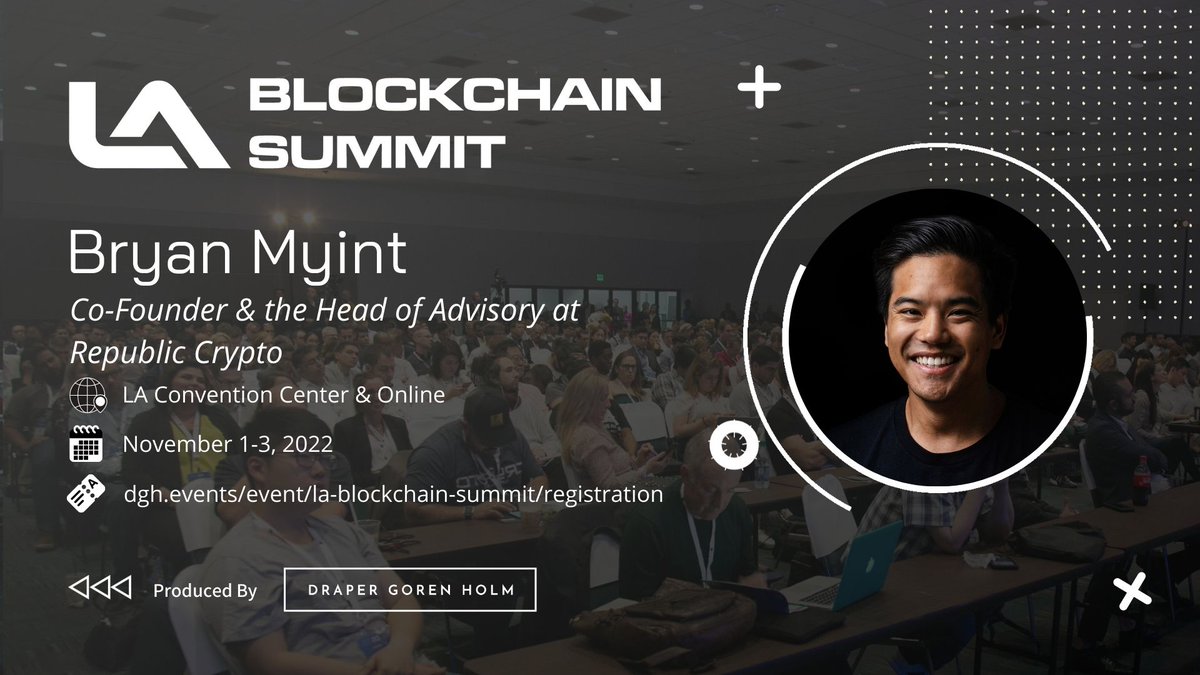 RepublicCrypto's tweet photo. Hey LA! @0xbryan_  is speaking today at #LABlockchainSummit on how to #fundraise in #web3. Catch the panel at 1:40 PM PT on the Main Stage, with @kameir, @h_joshua_rivera, @mvparadigm, Matt Cross and moderated by @ZayiRey. You can still register here – https://t.co/SH8kTomzlm https://t.co/dYprz32F3t