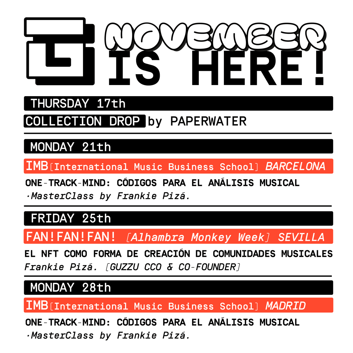 weareguzzu's tweet photo. Hello November! 👀 Here are some highlights from GUZZU for this month! Come see @FrankiePiza at @Monkeyweek 🔥 https://t.co/qIgreg7dJt