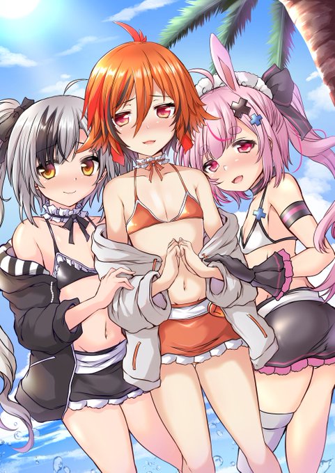 可愛く描けました!
季節感は度外視!
鈴木勝くん、風見くくさん(くん?)、兎鞠まりさんの水着絵出来ましたので、お納めください 