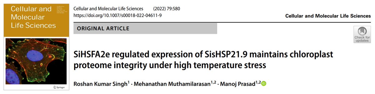 We are glad to share our recent research on ‘SiHSFA2e regulated expression of SisHSP21.9 maintains chloroplast proteome integrity under high temperature stress’ published in ‘Cellular and Molecular Life Sciences’ (IF: 9.2)

Full text: link.springer.com/article/10.100…

<a href="/NIPGRsocial/">BRIC-NIPGR</a>