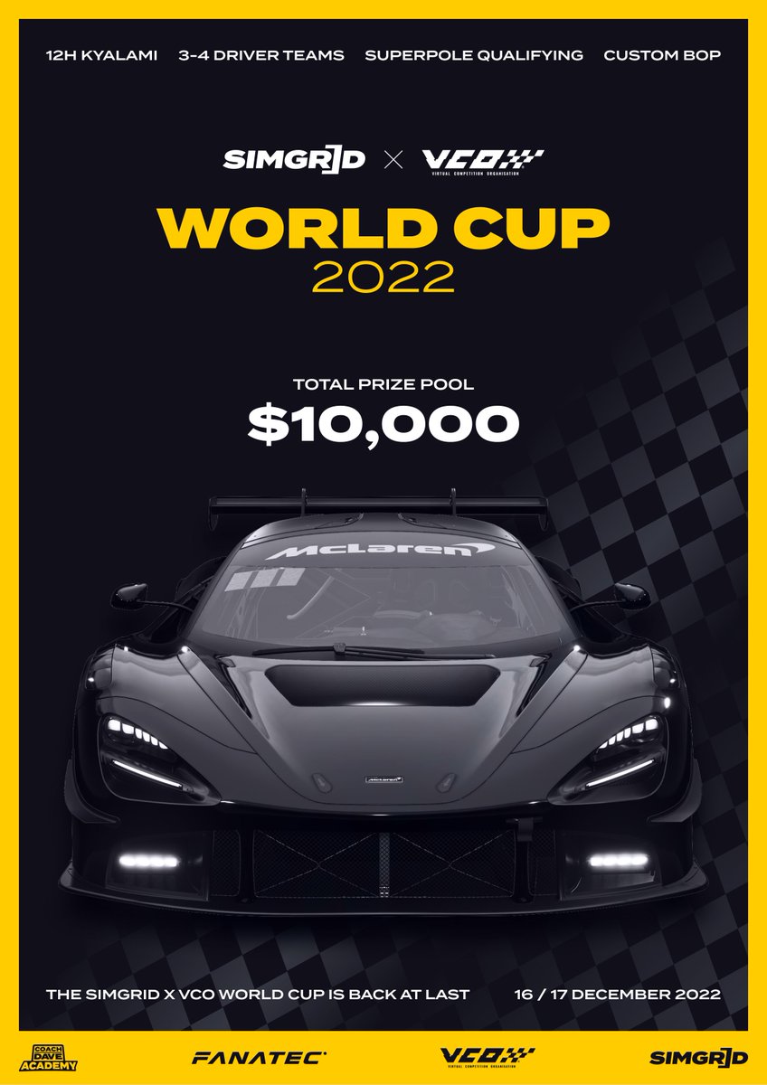 sim_grid's tweet image. SimGrid x @vcoesports World Cup RETURNS for a 12H race at Kyalami! 🤩
 
On December 17th, 49 of the strongest esports teams will battle in a GT3 of their choice 🙌
 
Expect to see a phenomenal grid fight it out for a share of the $10,000 prize pool 💰

➡️ simgr.id/VCO-2022