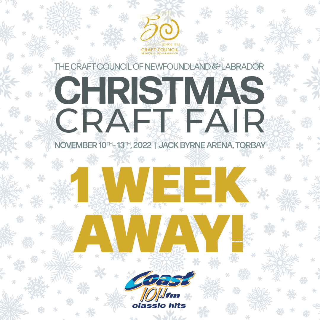 CraftCouncilNL's tweet photo. Our Christmas Craft Fair is only ONE WEEK away!😍🎄
$5 at the door gives you access to our holiday festival atmosphere — food, music, workshops, demos, & the finest crafts in NL!
⭐️Make it a fine craft Christmas at the Fair!
#ChristmasCraftFair #ComeHomeToCraft @JBRegional https://t.co/vOaLroJCuo