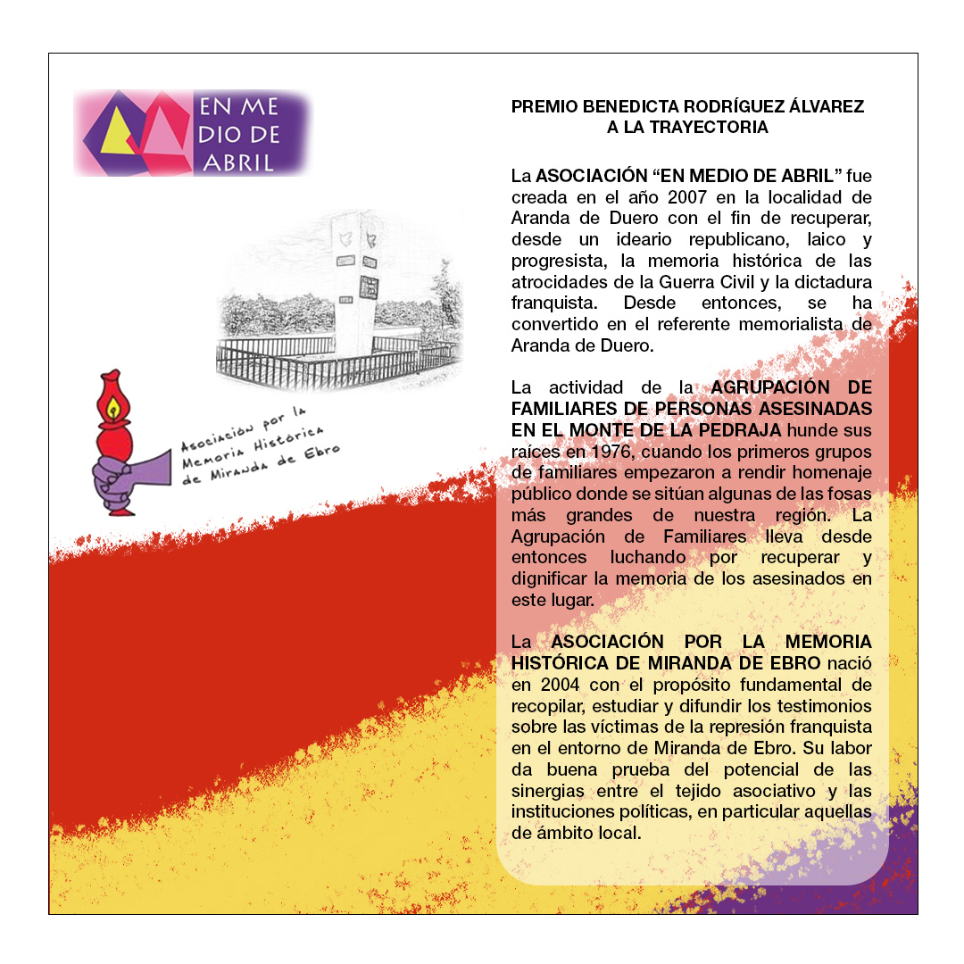 ❤️💛💜 Desde JSE CyL retomamos nuestros Premios Benedicta Rodríguez de Memoria Histórica, donde honramos el compromiso de la Memoria a nivel joven, institucional y de trayectoria.

En esta ocasión celebraremos la gala en Aranda de Duero el 5 de noviembre a las 19h

Os esperamos!!