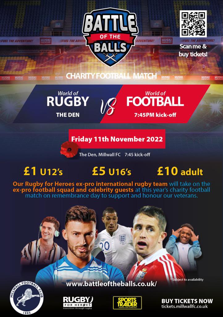 This is going to be epic <a href="/MillwallFC/">Millwall FC</a> on Friday 11 November for <a href="/SportsTraiderUK/">Sports Traider UK</a> &amp; <a href="/Rugbyforheroes/">Rugby for Heroes</a> 

Follow the link for more details 💯

#charity #football #rugby #battleoftheballs #tv #radio 

battleoftheballs.co.uk