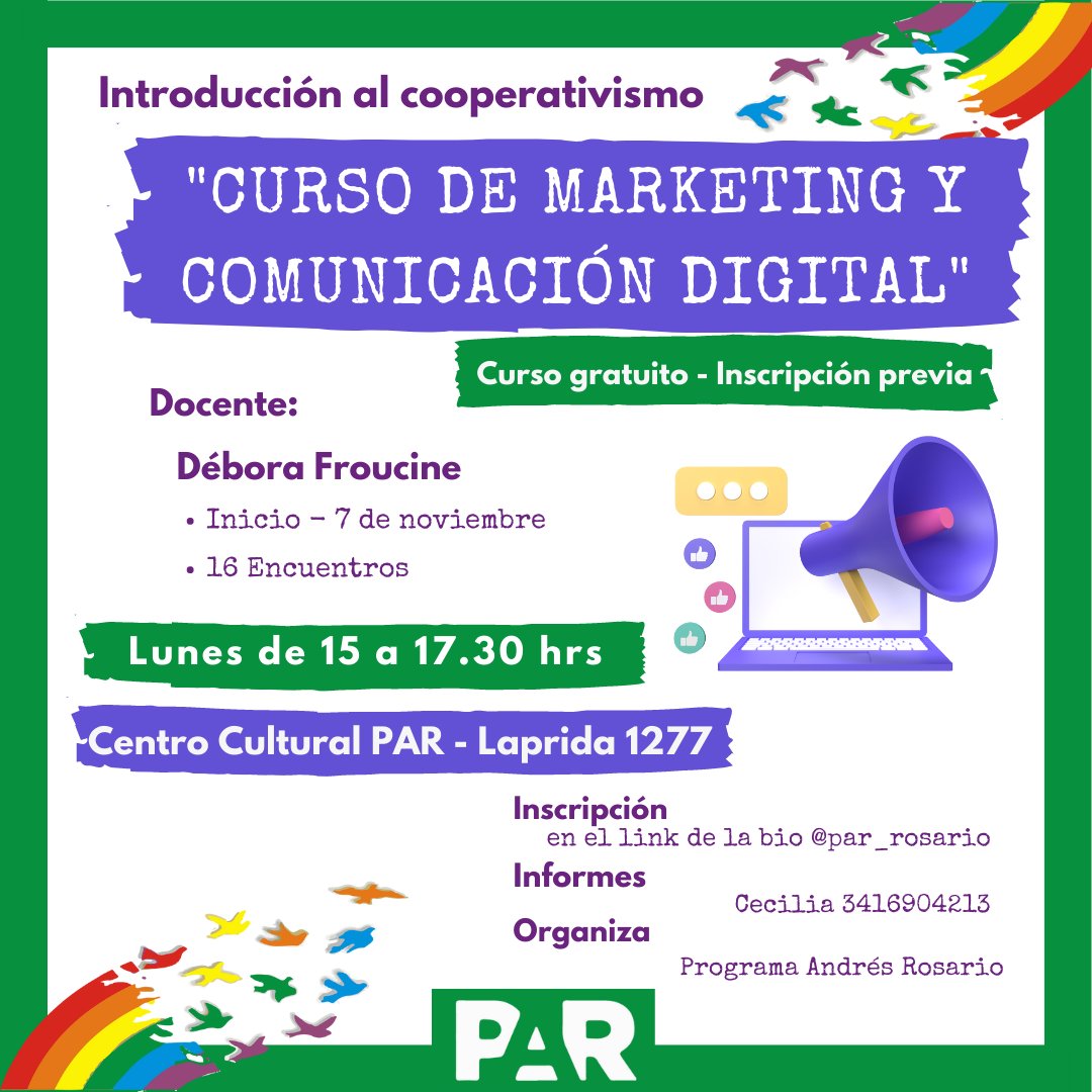 progandres's tweet photo. Les invitamos a participar del 🖥️"Curso de Marketing y Comunicación Digital"🎯 que empieza el próximo lunes en el Centro Cultural PAR.

Docente: Débora Froucine 

Curso gratuito - Inscripción previa
📱Informes: Cecilia 3416904213 https://t.co/Dqy6Wi0wCI